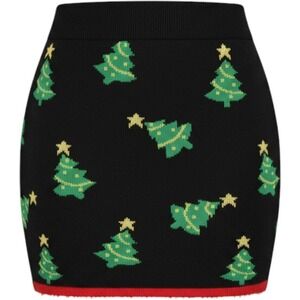 Major Label Group Christmas Tree Knit Mini Skirt Black Metallic Red Trim L